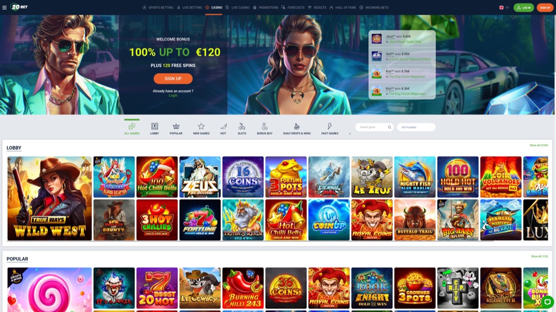 20Bet — casino lobby and game selection