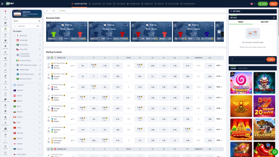 20Bet — football betting markets and odds