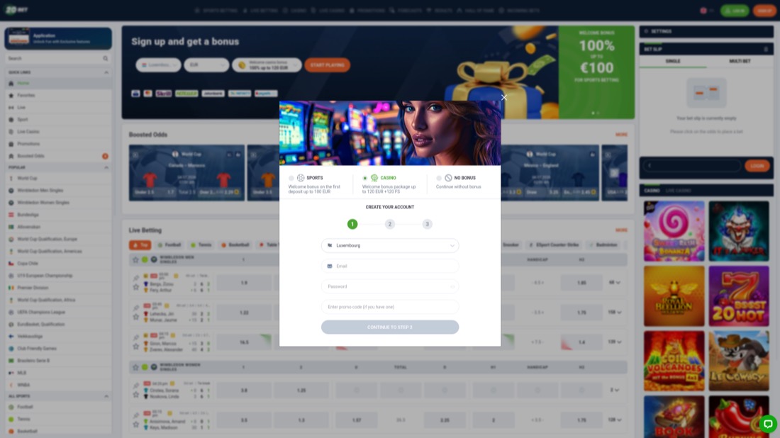 20Bet — account registration