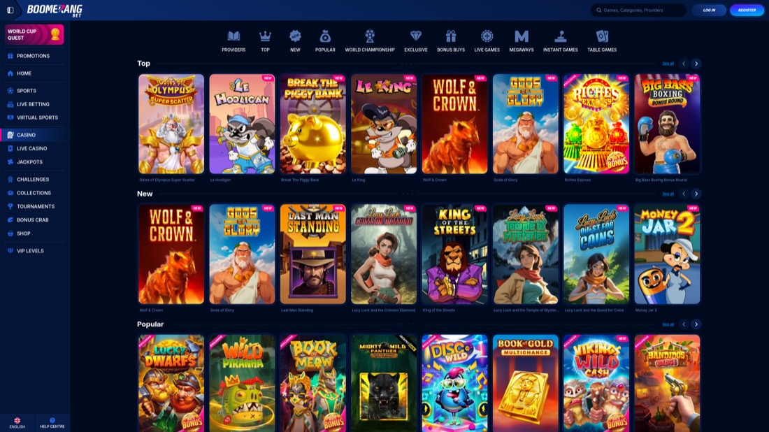 Boomerang Bet — casino lobby and game selection