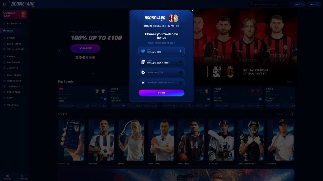 Boomerang Bet — account registration