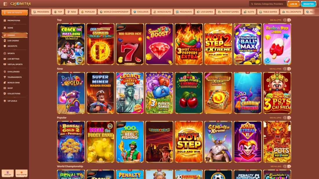 Cleobetra — casino lobby and game selection