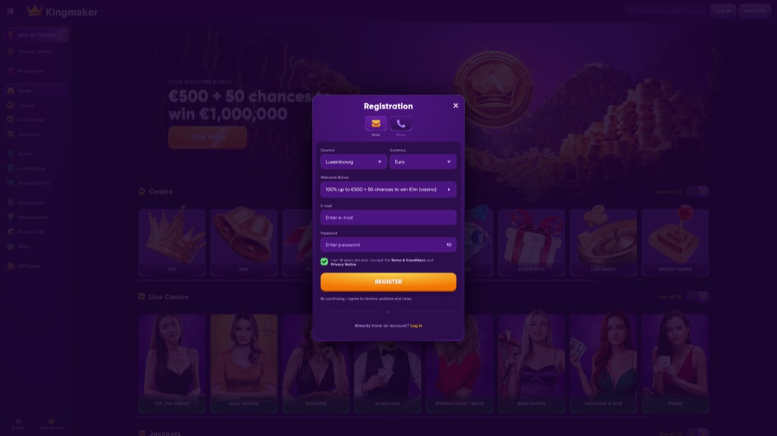 Kingmaker — account registration