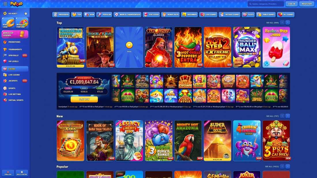 Pistolo — casino lobby and game selection