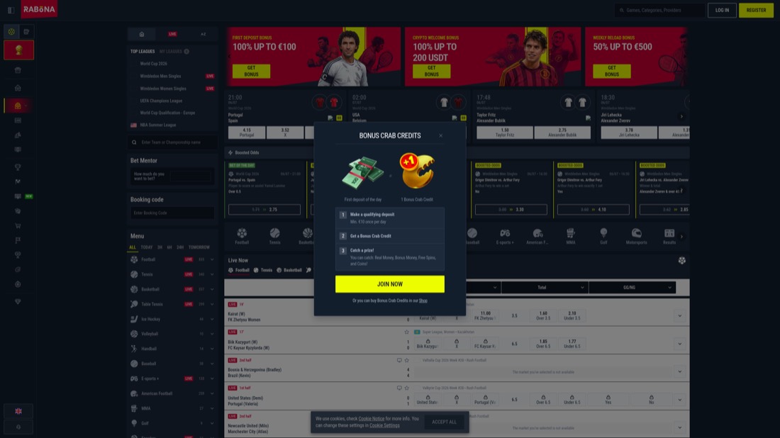 Rabona — football betting markets and odds
