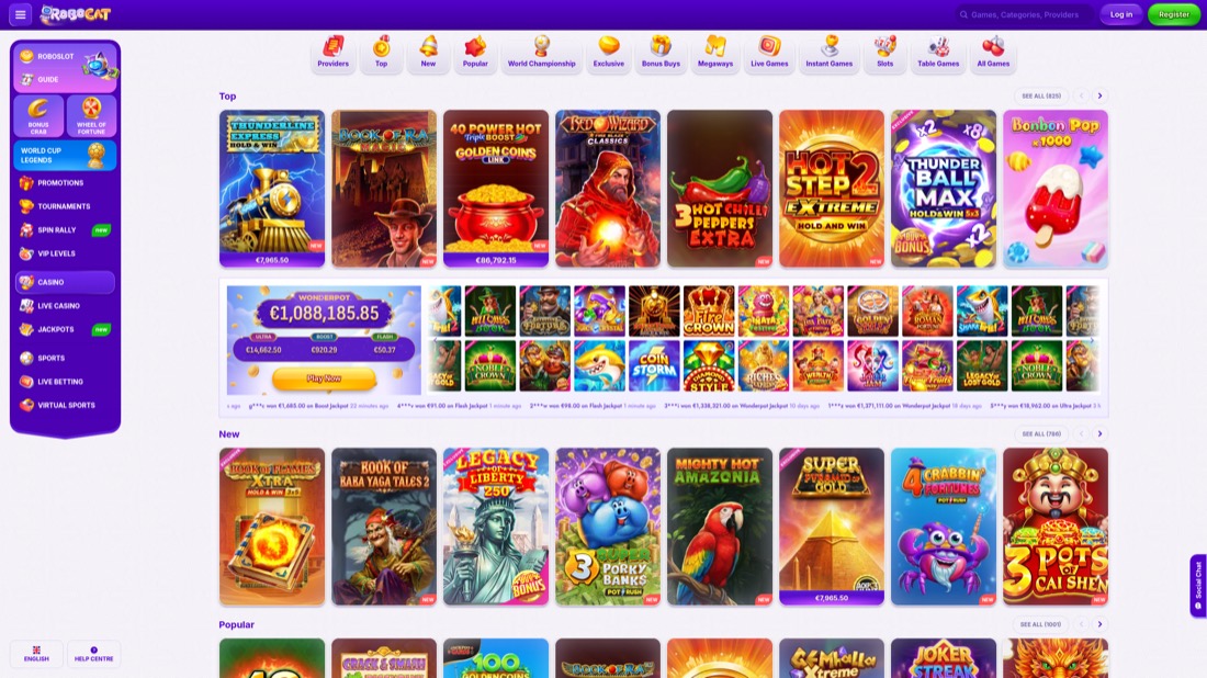 Robocat — casino lobby and game selection