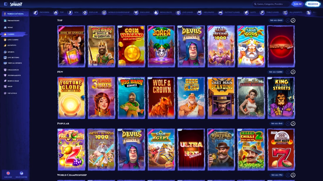 Spinight — casino lobby and game selection