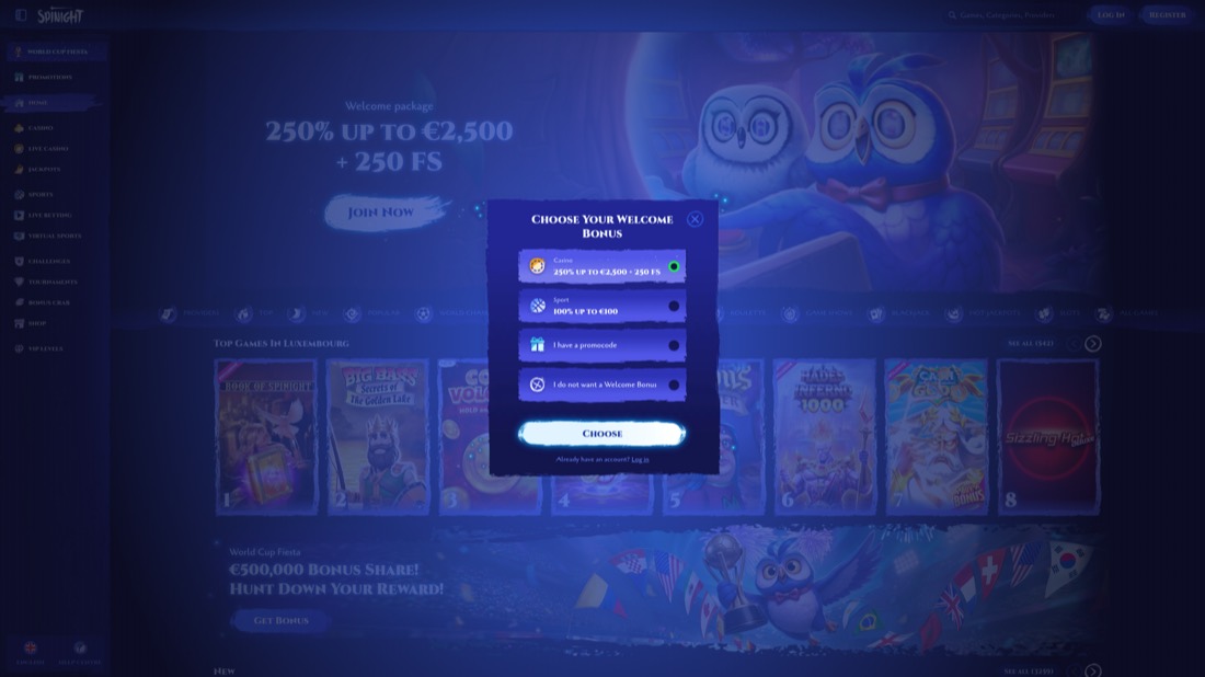 Spinight — account registration