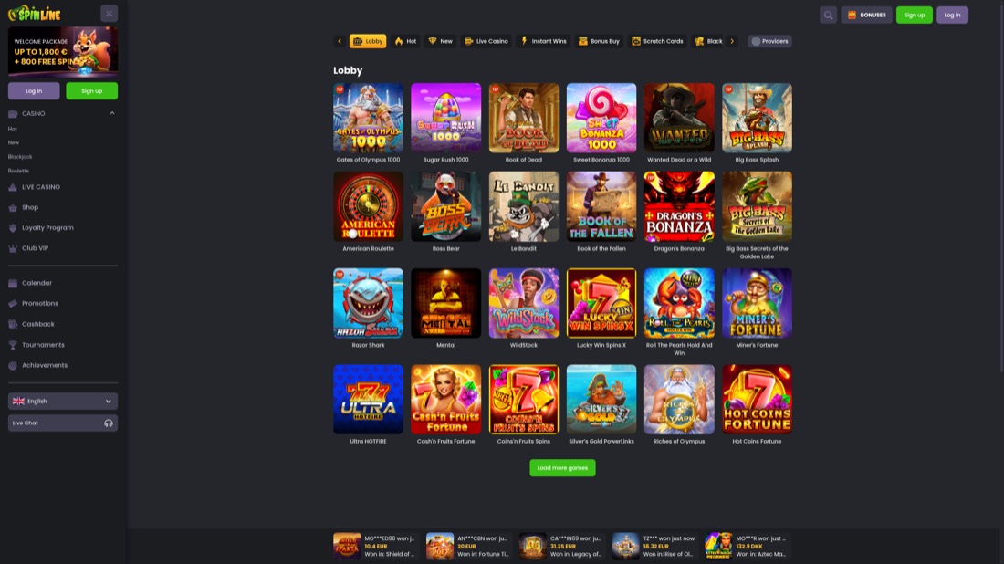 Spinline — casino lobby and game selection