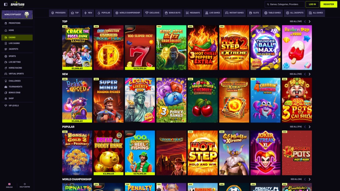 Sportuna — casino lobby and game selection